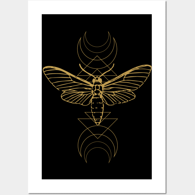Golden Moth with Crescent Moons and Geometric Patterns Wall Art by Kahytal
